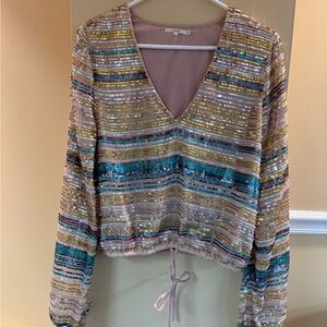 Tularosa Multicolor Sequin Striped V-Neck Blouse